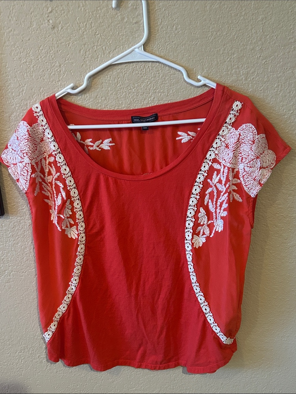 One September Embroidered Boho Top Silk Contrast Coral Orange Blouse